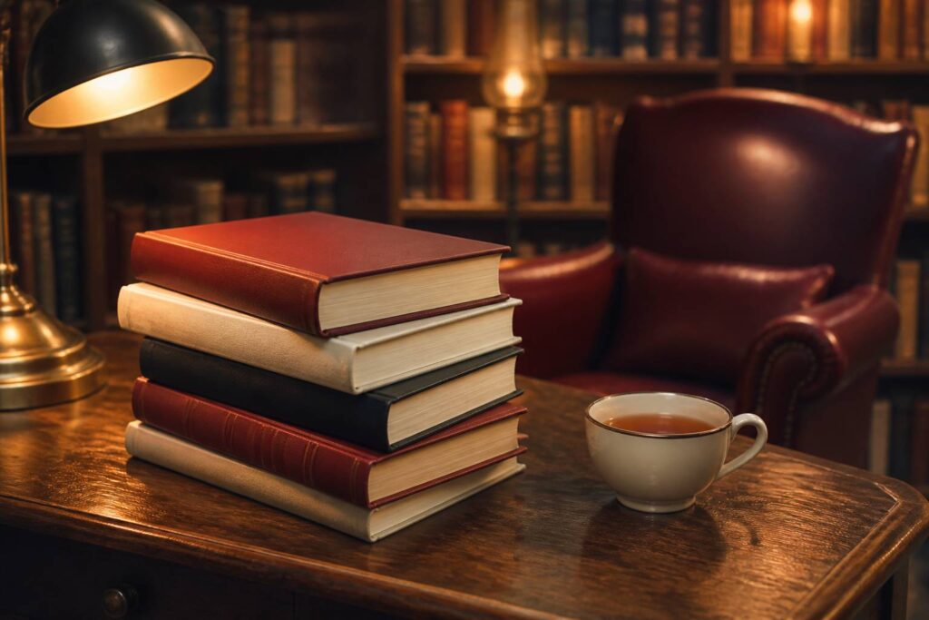 Pile de livres reliés sur une table en bois dans une bibliothèque chaleureuse