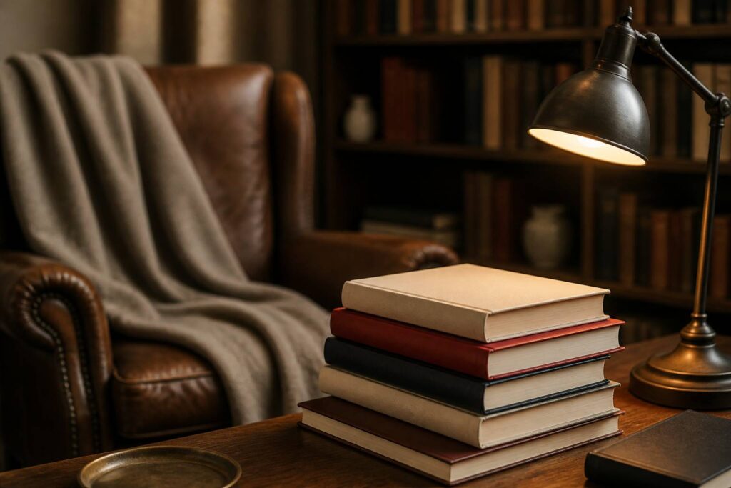 Pile de livres classiques près d'une lampe de lecture allumée