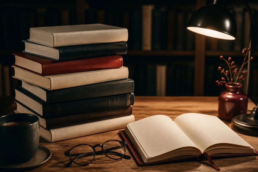 Pile de livres pratiques sur la respiration posée sur un bureau en bois éclairé