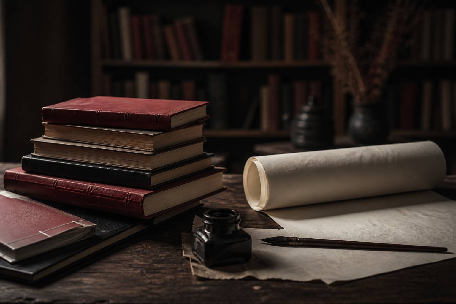 Pila di libri rilegati con rotolo di calligrafia e calamaio su tavolo di legno