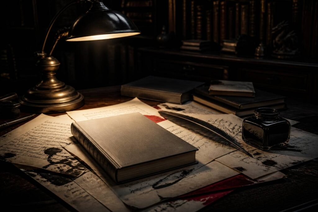 Bureau d'écrivain nocturne avec livre fermé, plume et feuillets manuscrits