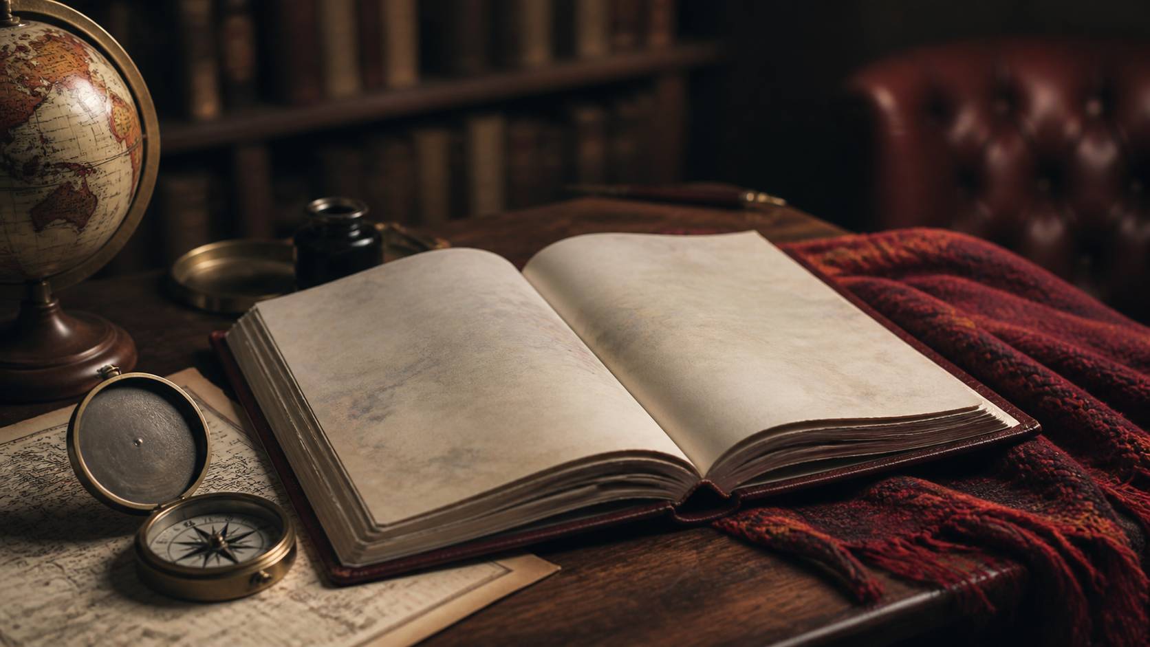 Livre ouvert avec une boussole et une mappemonde sur un bureau en bois