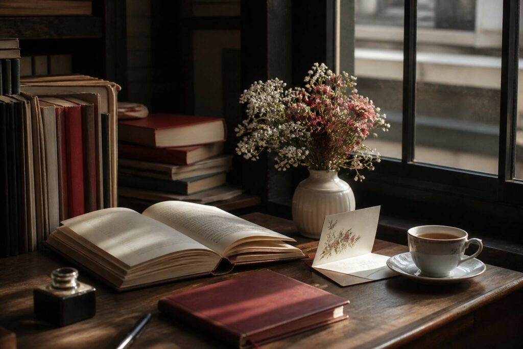 Livre ouvert sur un bureau avec une carte de vœux manuscrite, un bouquet de fleurs et une tasse de thé
