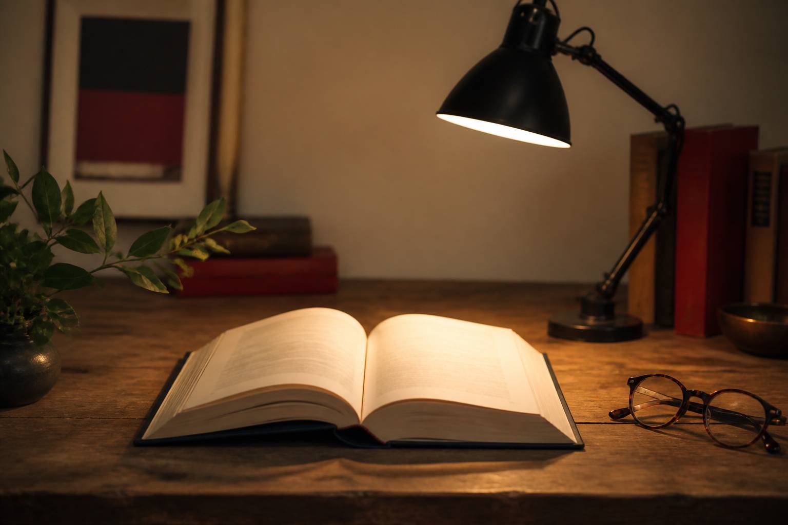 Livre ouvert sous une lampe orientable avec des lunettes à côté
