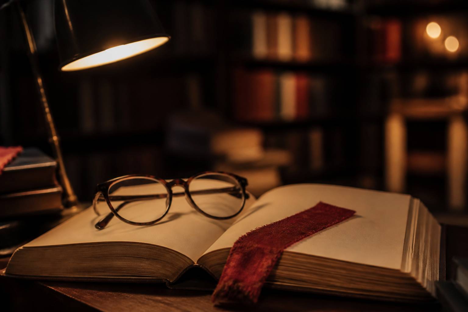 Livre ouvert avec lunettes sous une lumière chaude