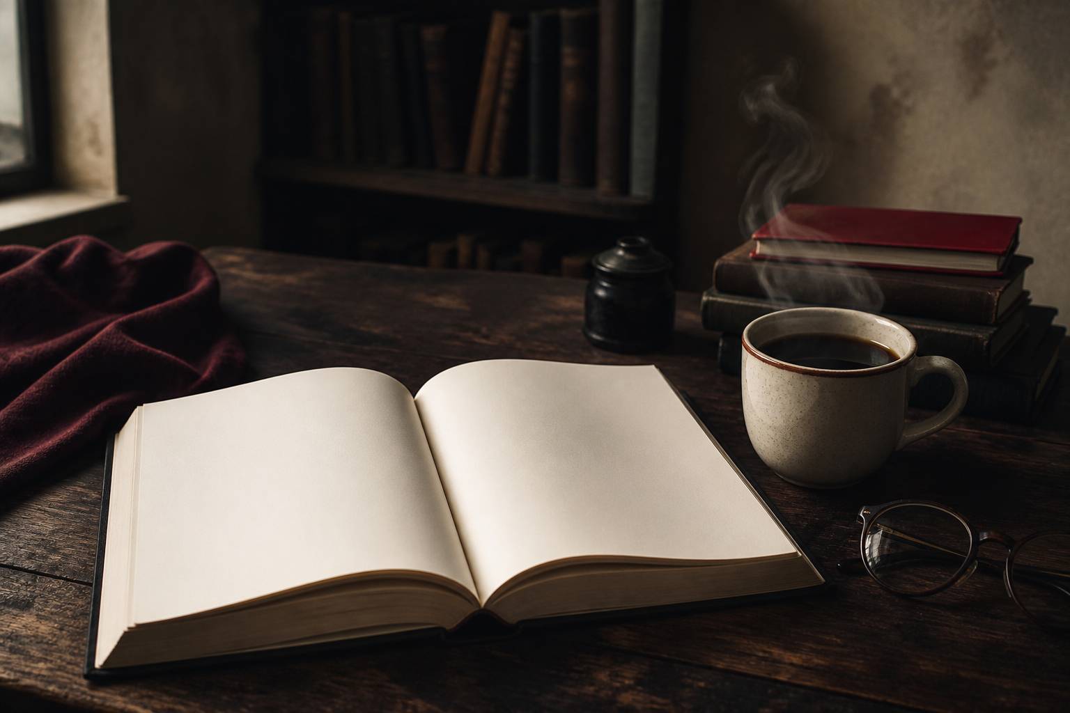 Livre ouvert aux pages ivoire sur une table en bois avec une tasse de café