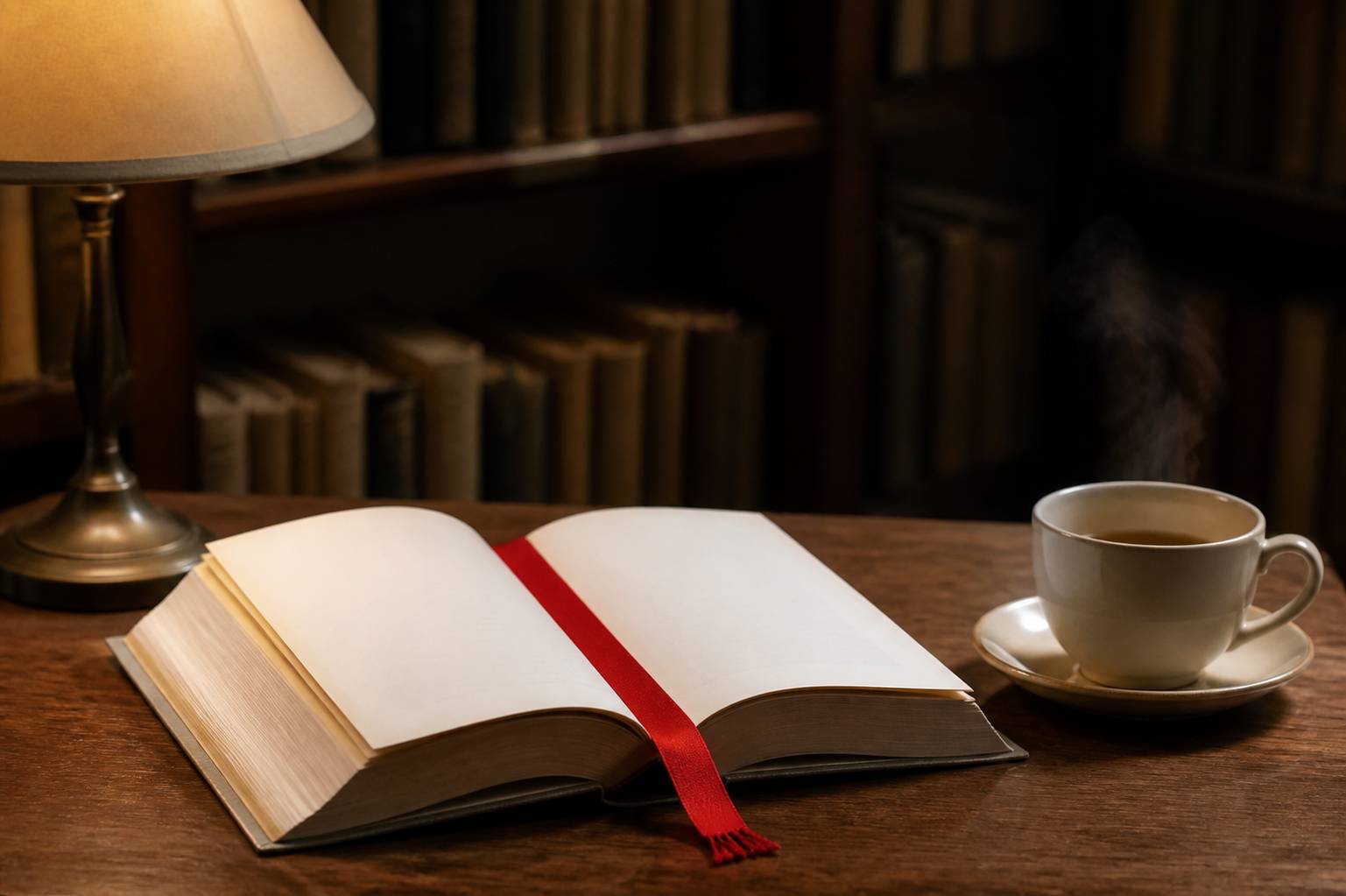 Livre ouvert avec marque-page et tasse de thé sur une table