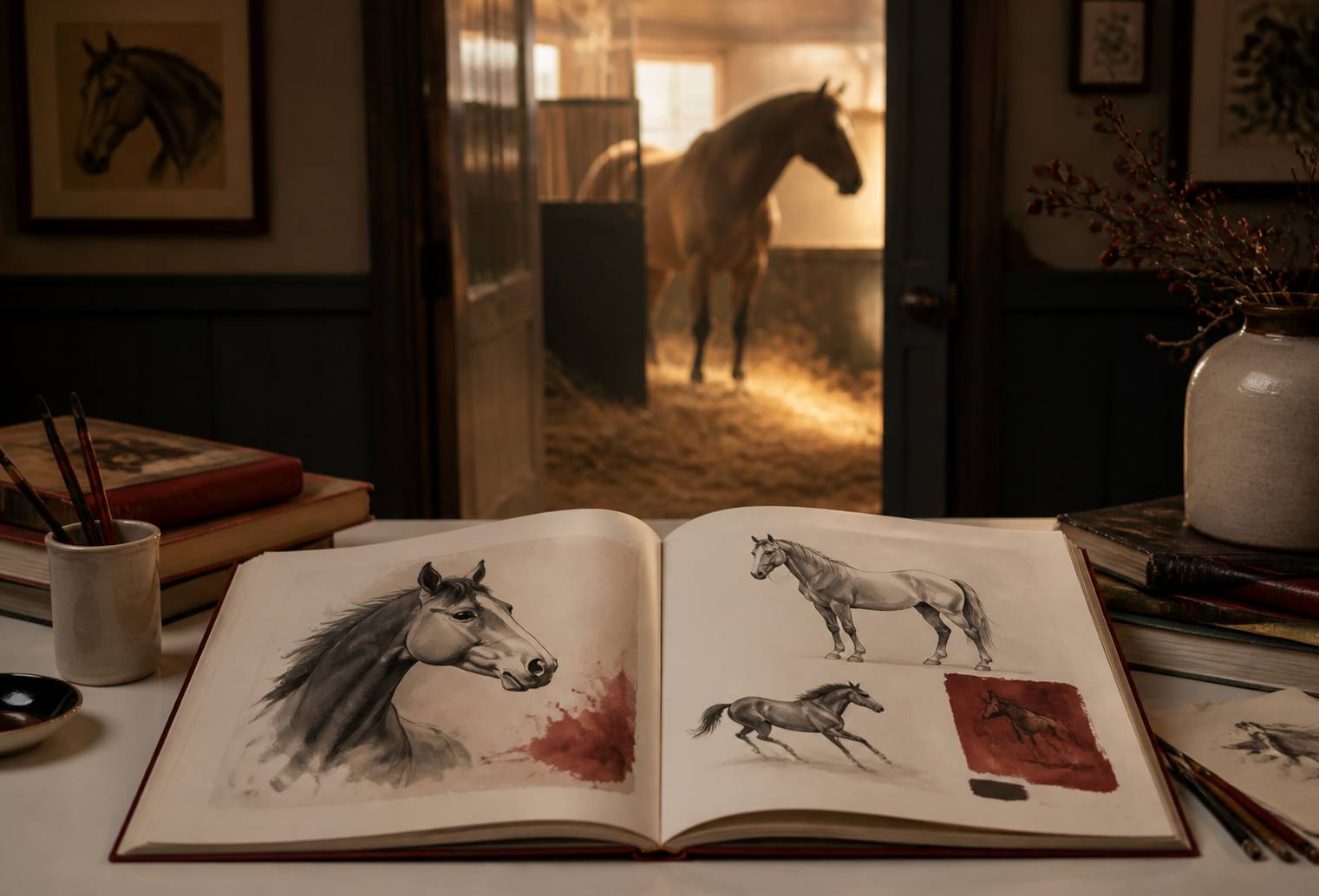 Livre ouvert sur les chevaux avec une stalle visible en arrière-plan
