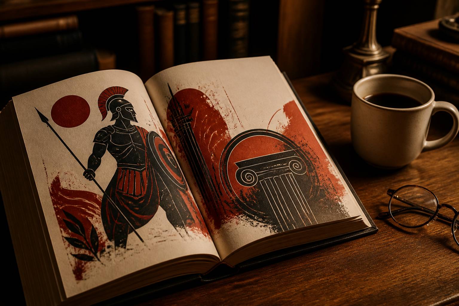 Livre ouvert avec illustration mythologique et tasse de café