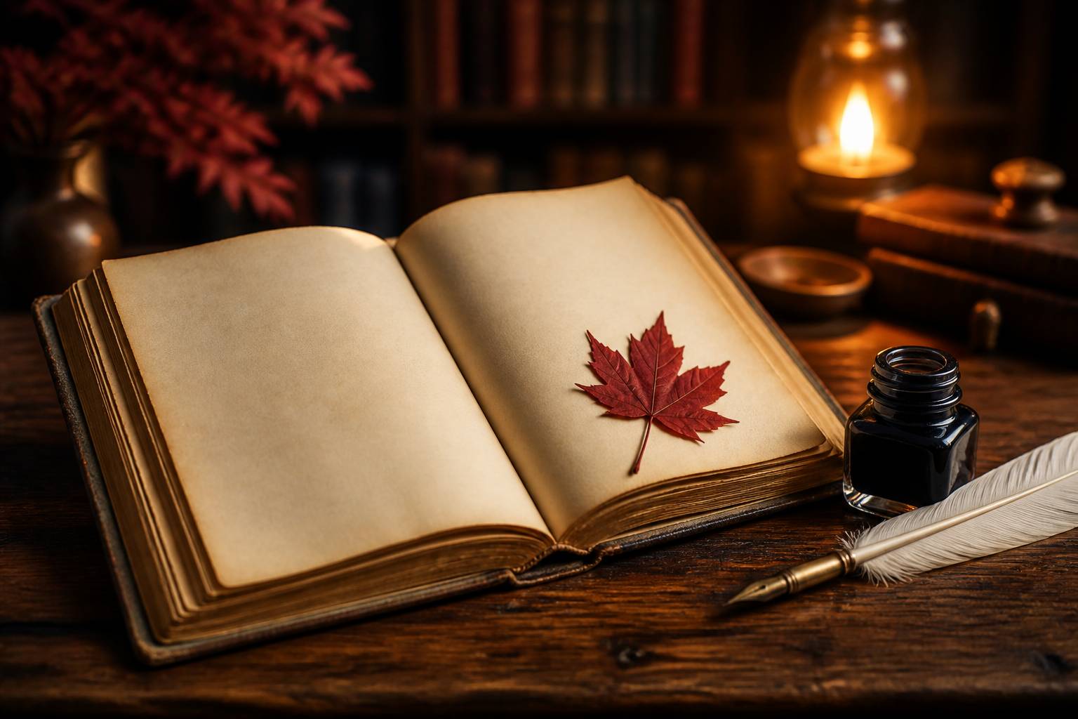 Livre ancien ouvert avec feuille d'érable rouge et encrier sur table en bois