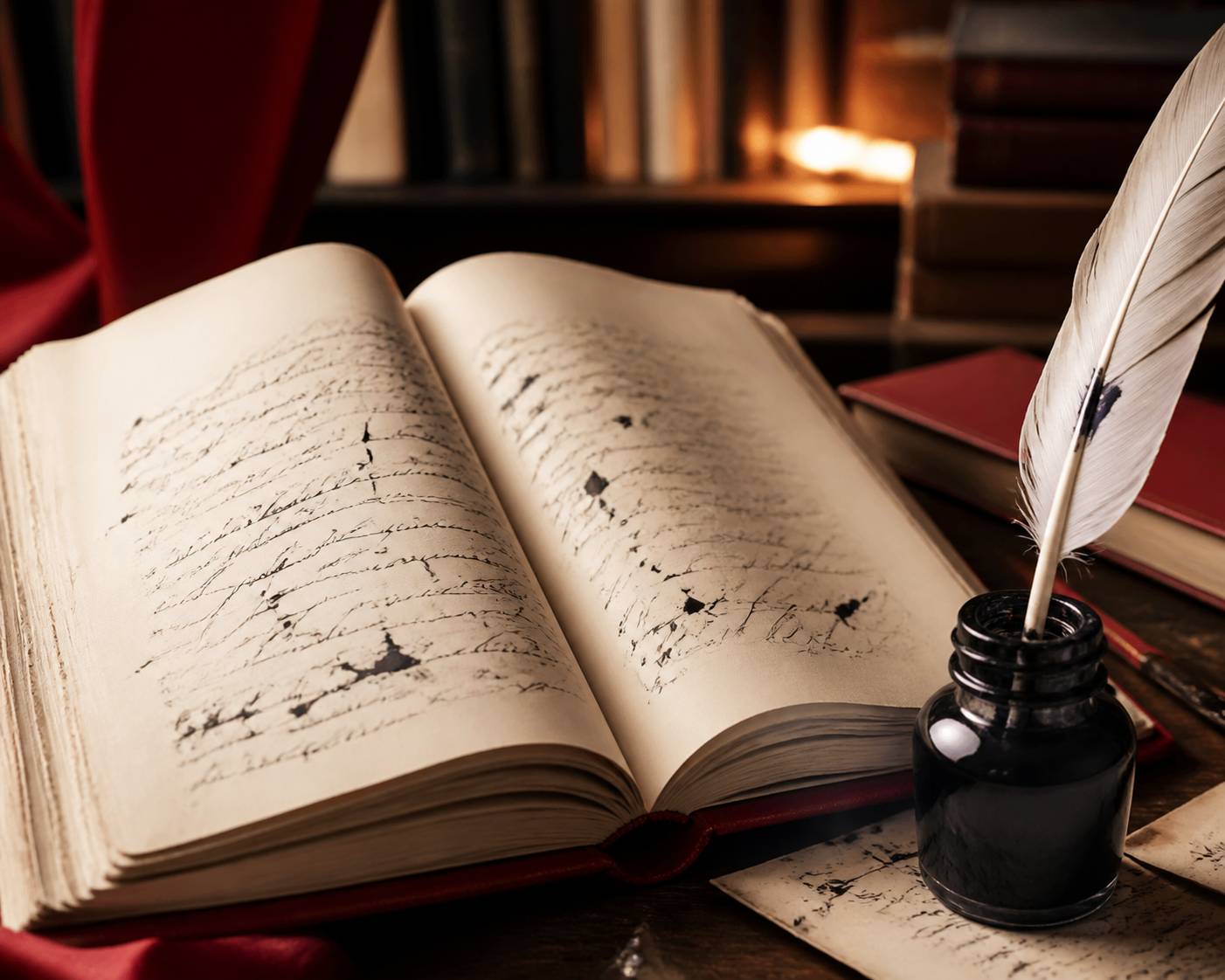 Livre ouvert avec une plume et un encrier