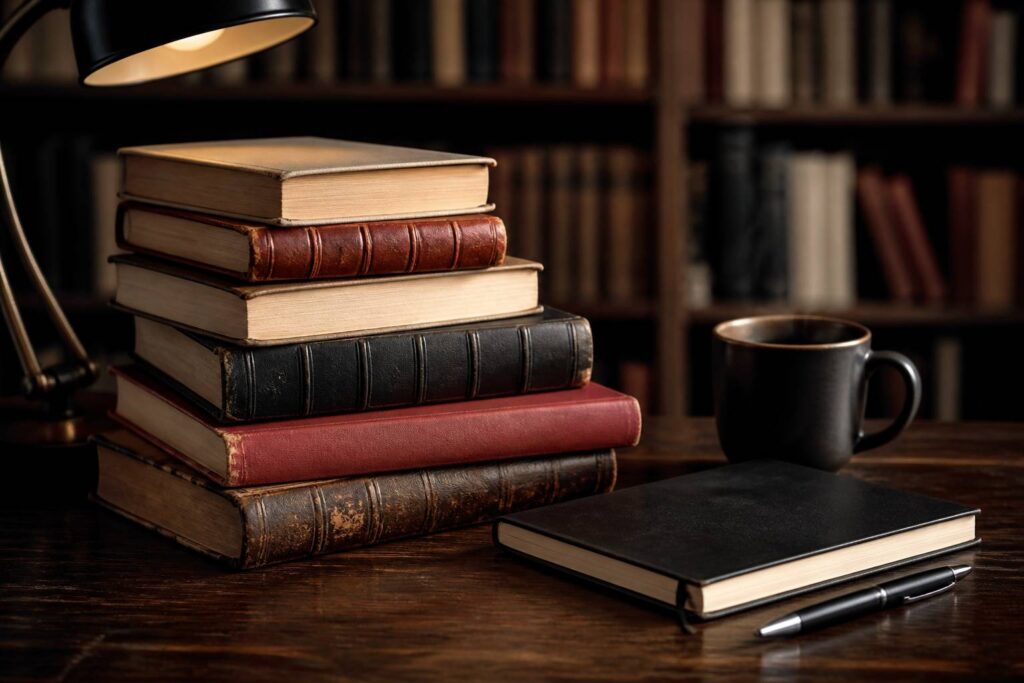 Pile de livres sur un bureau avec carnet et tasse pour préparer sa carrière