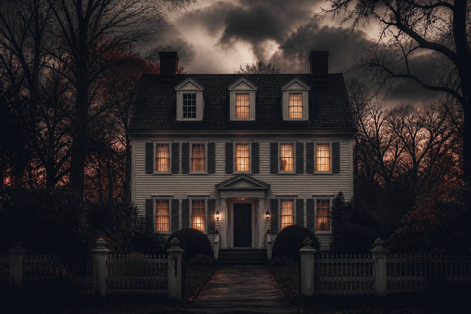 Maison ancienne de Nouvelle-Angleterre au ciel dramatique