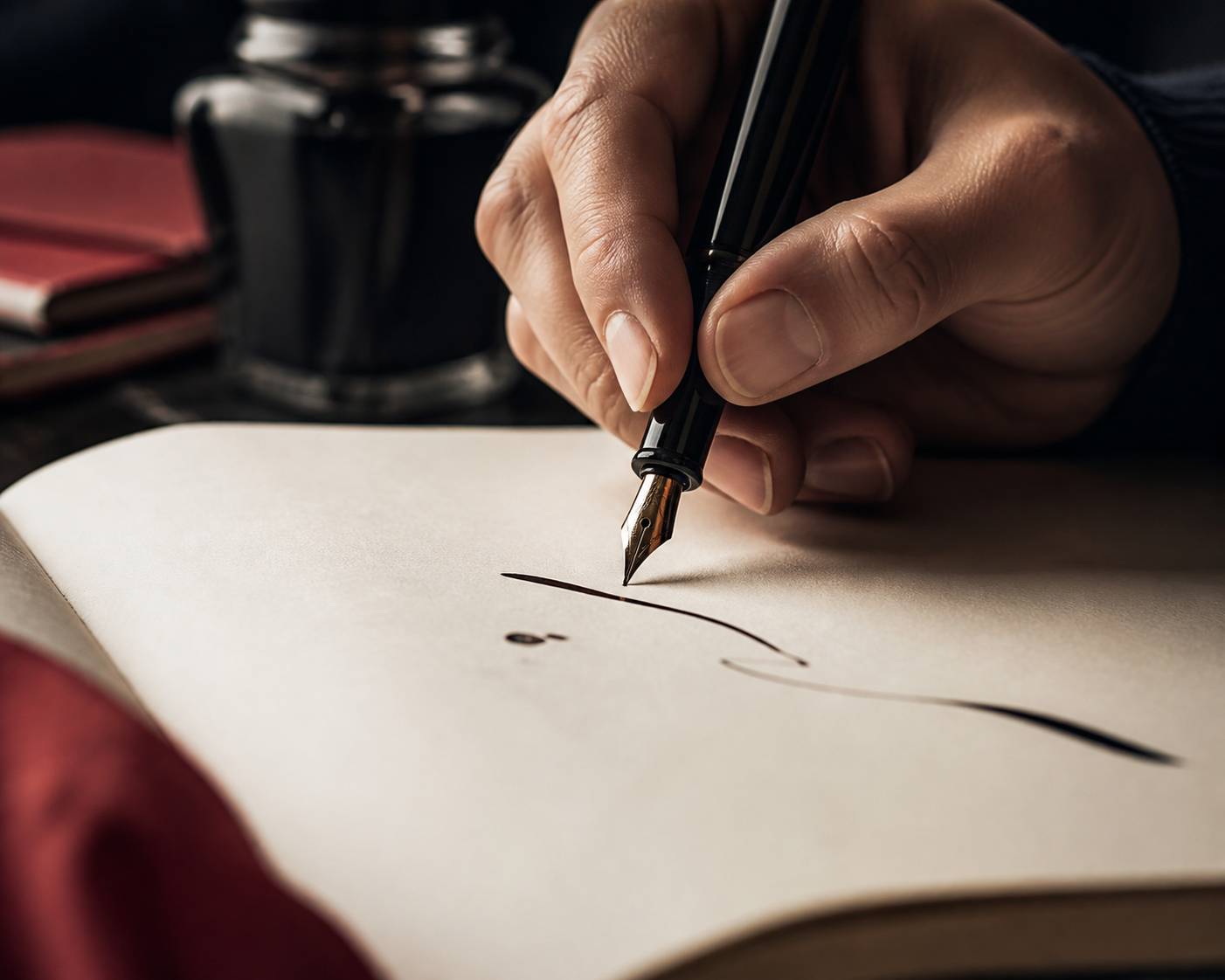 Main écrivant à la plume sur une page blanche, encre sombre