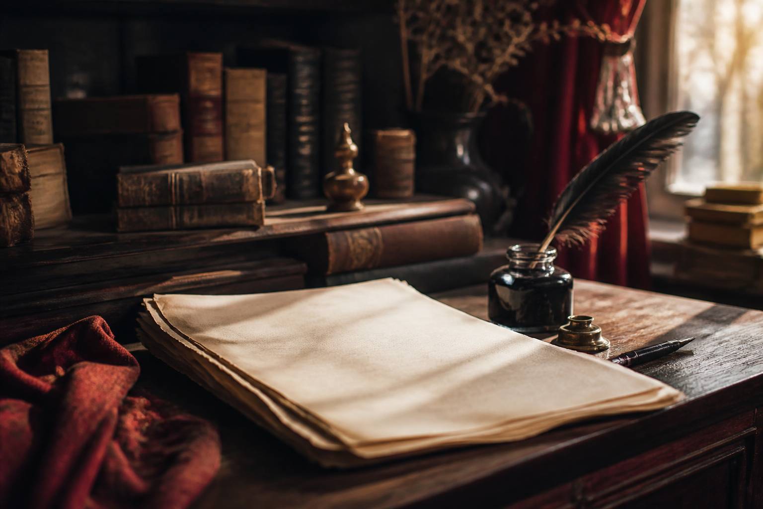 Manuscrit de poésie manuscrite avec plume et encrier sur un bureau en bois