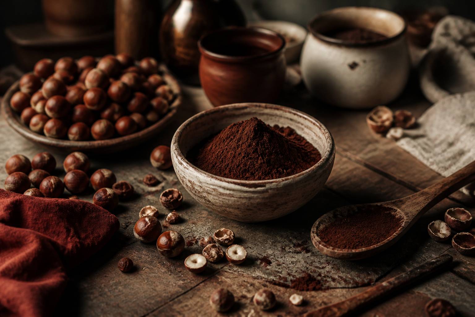 Noisettes et bol de cacao sur un plan de travail de chocolaterie artisanale
