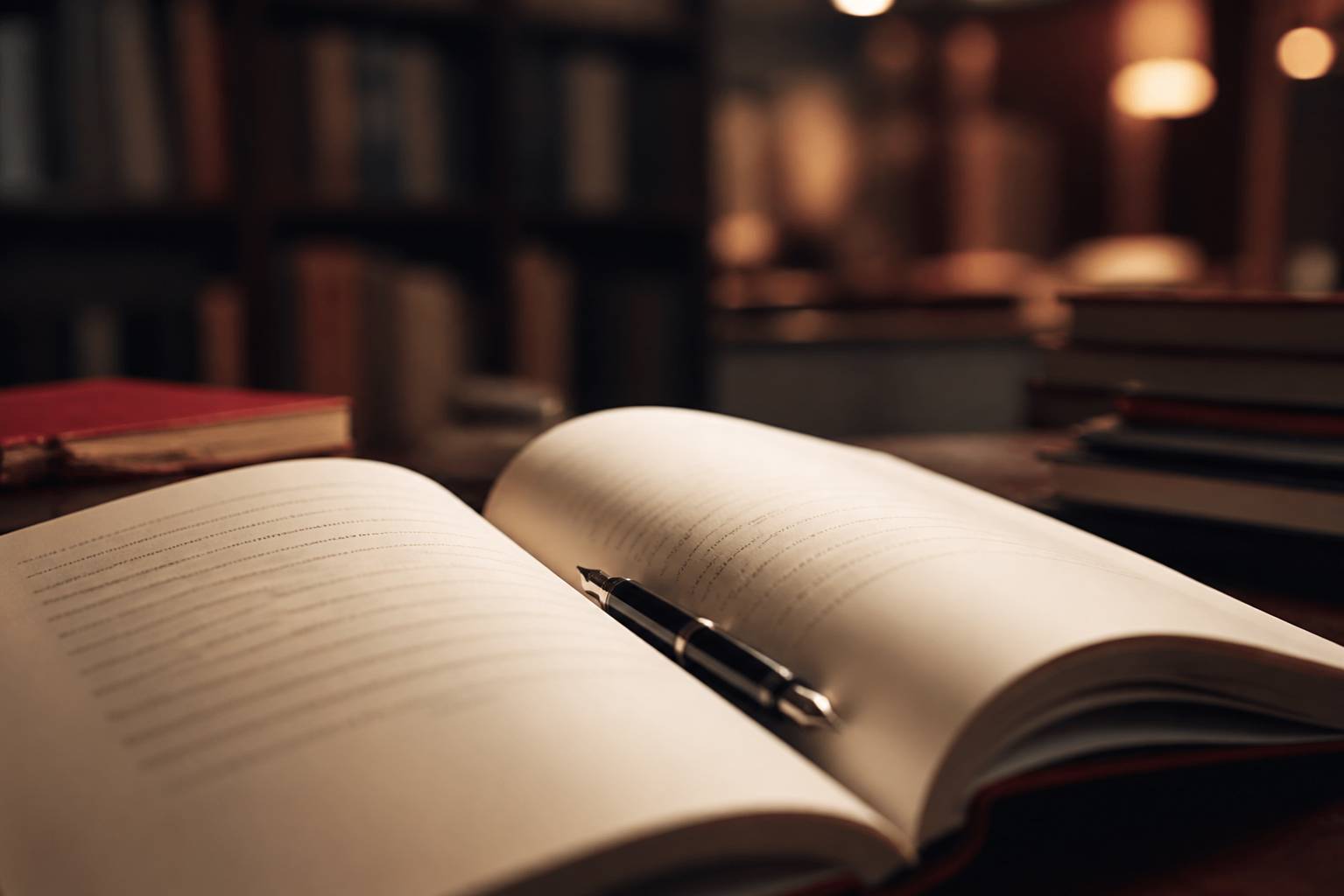 Pages ouvertes d'un roman avec un stylo plume posé