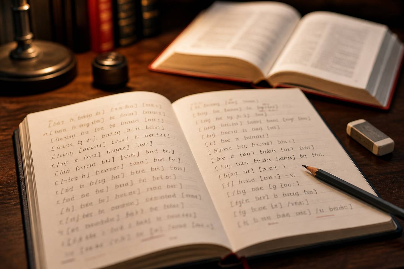 Carnet de notes avec transcriptions phonétiques et crayon