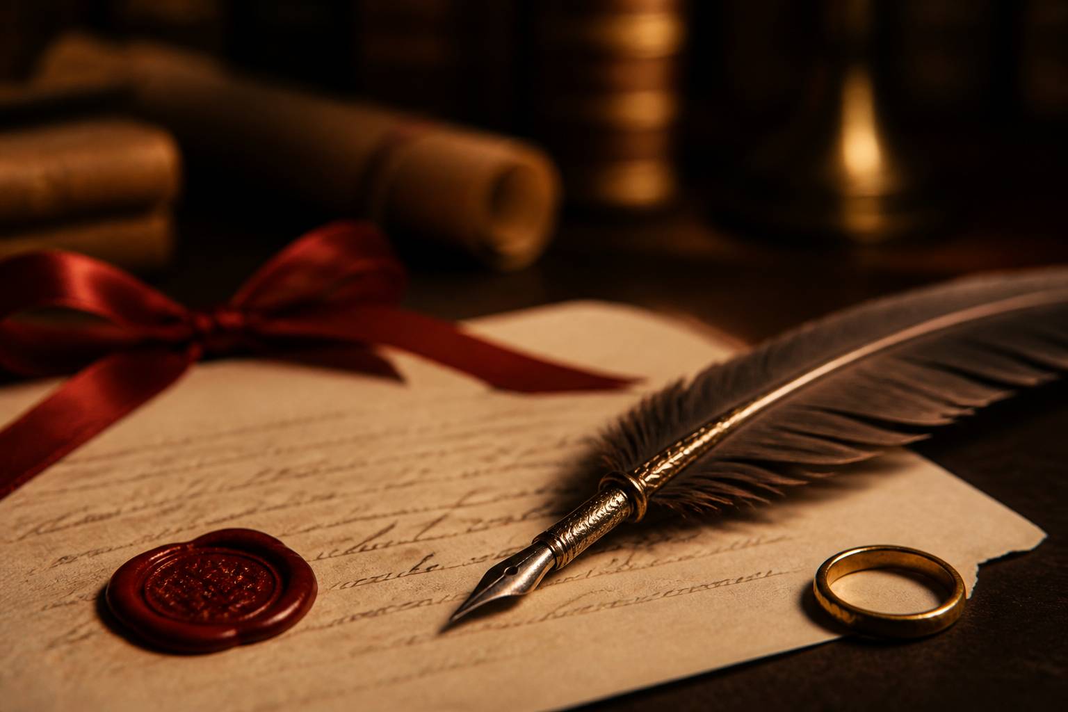 Plume posée sur une lettre de mariage ivoire avec ruban rouge, cachet de cire et bague