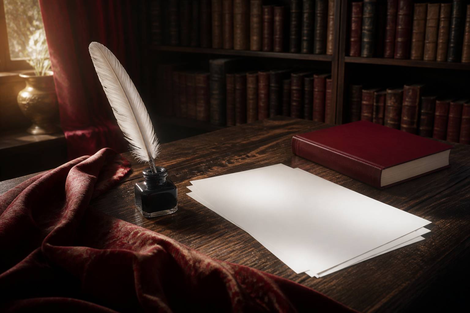 Plume trempée dans un encrier près de feuilles de papier blanc