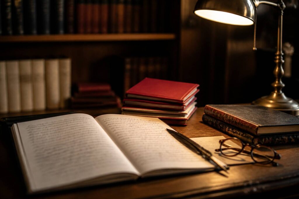 Bureau de bibliothèque avec recueils de poésie et plume