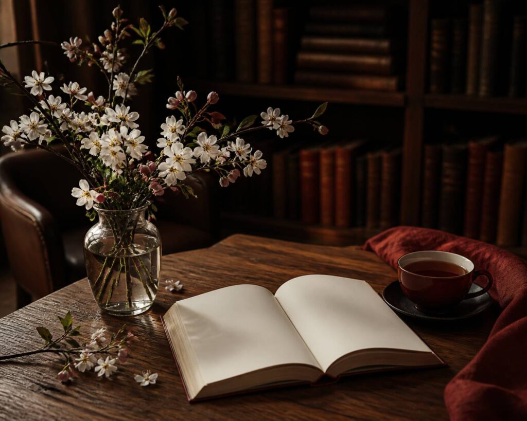 Livre ouvert posé sur une table avec des branches fleuries de printemps