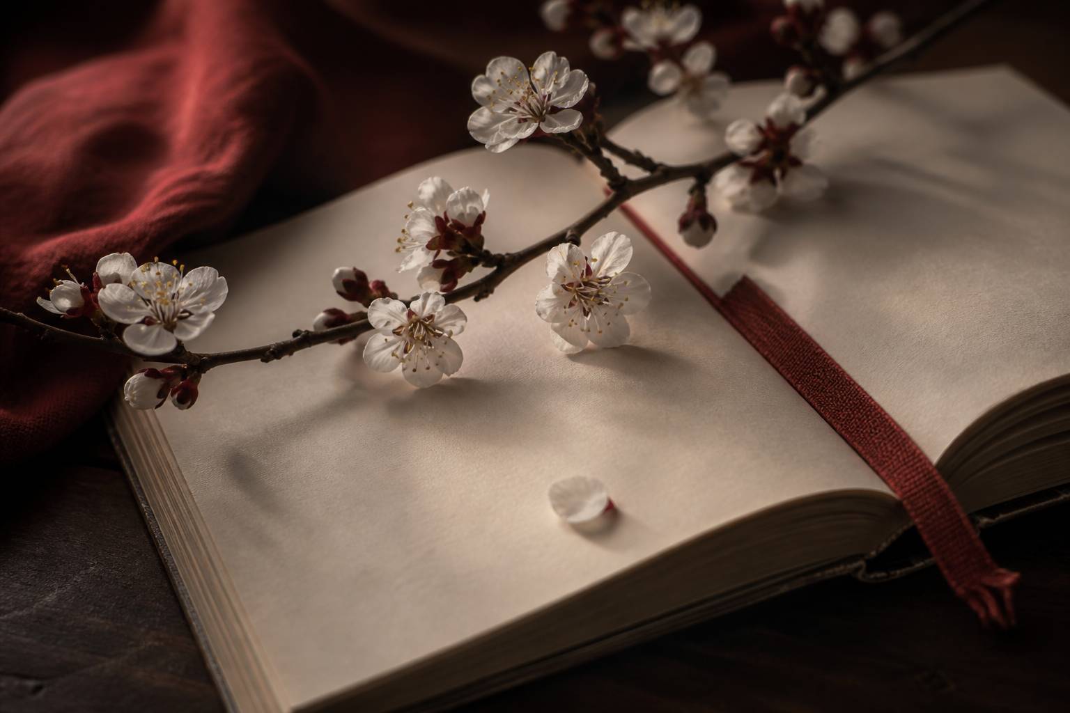 Branche de fleurs printanières posée sur des pages ouvertes avec un marque-page
