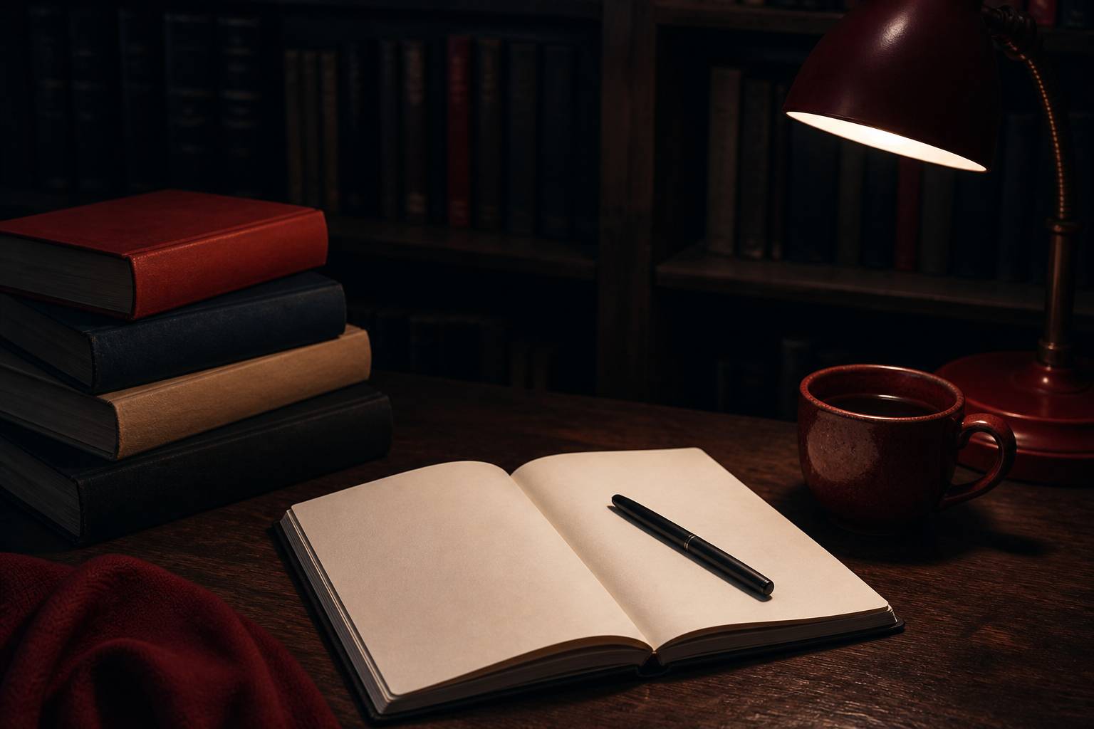 Taccuino aperto con penna e pila di libri in luce calda