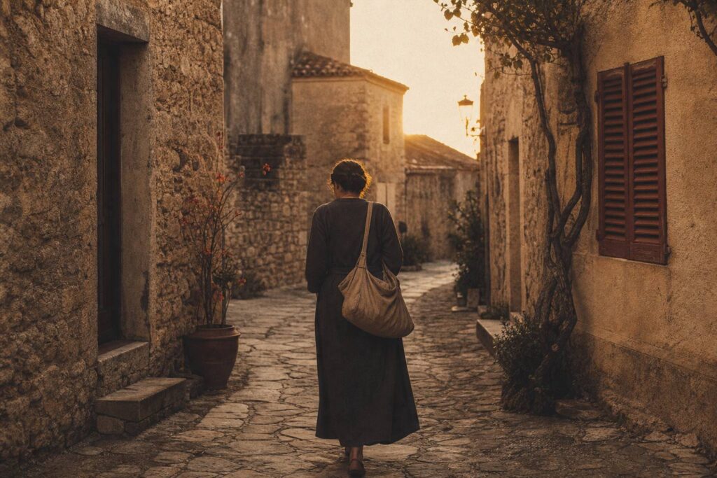 Femme sage-femme vue de dos dans un village méditerranéen ancien
