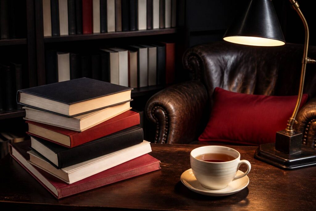 Pile de livres d'essais près d'une lampe de lecture