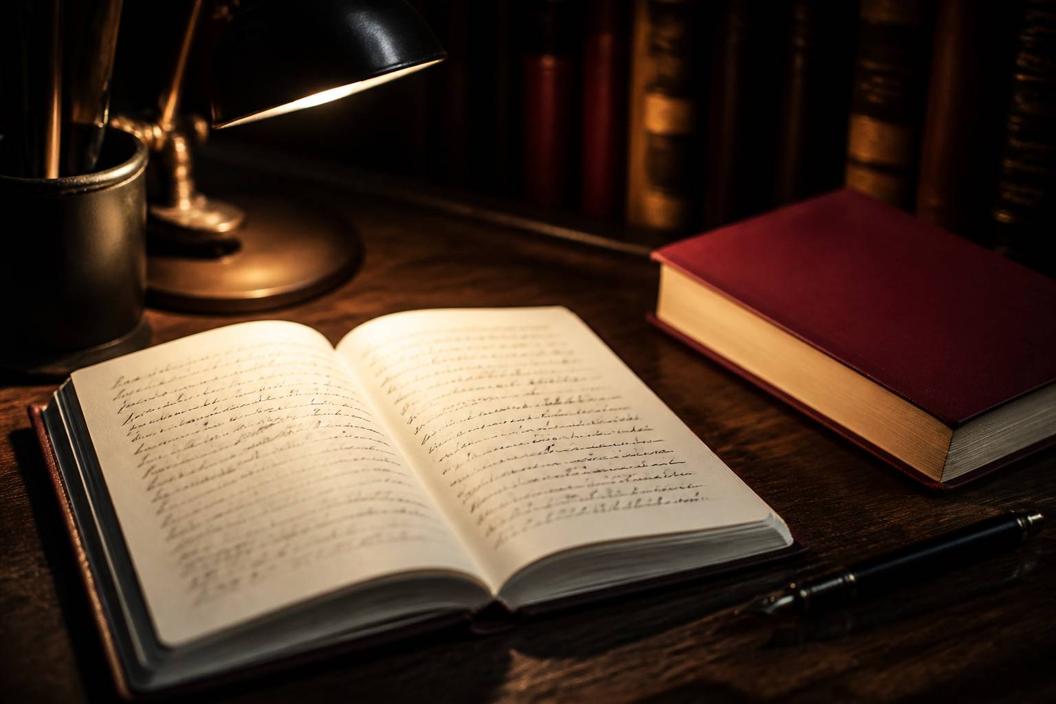 Cahier de notes manuscrites avec stylo-plume et lampe
