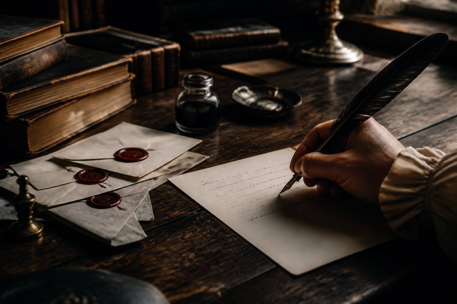 Main écrivant une lettre à la plume avec des lettres cachetées de cire