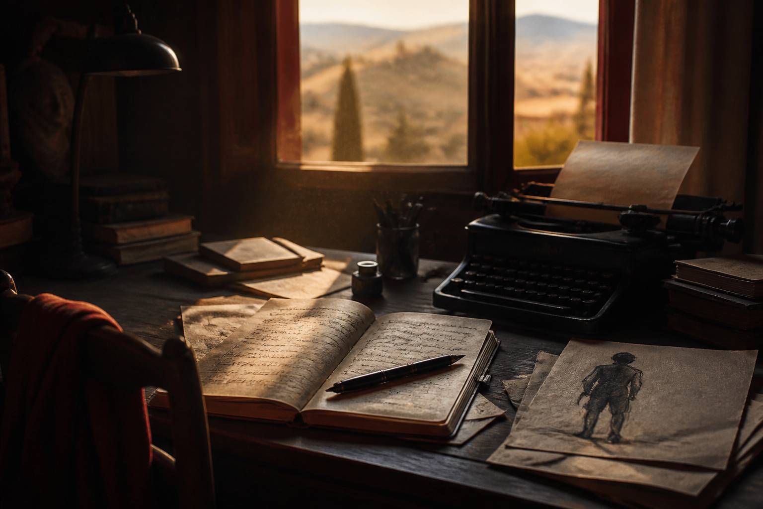 Bureau d'écrivain avec carnet manuscrit et machine à écrire