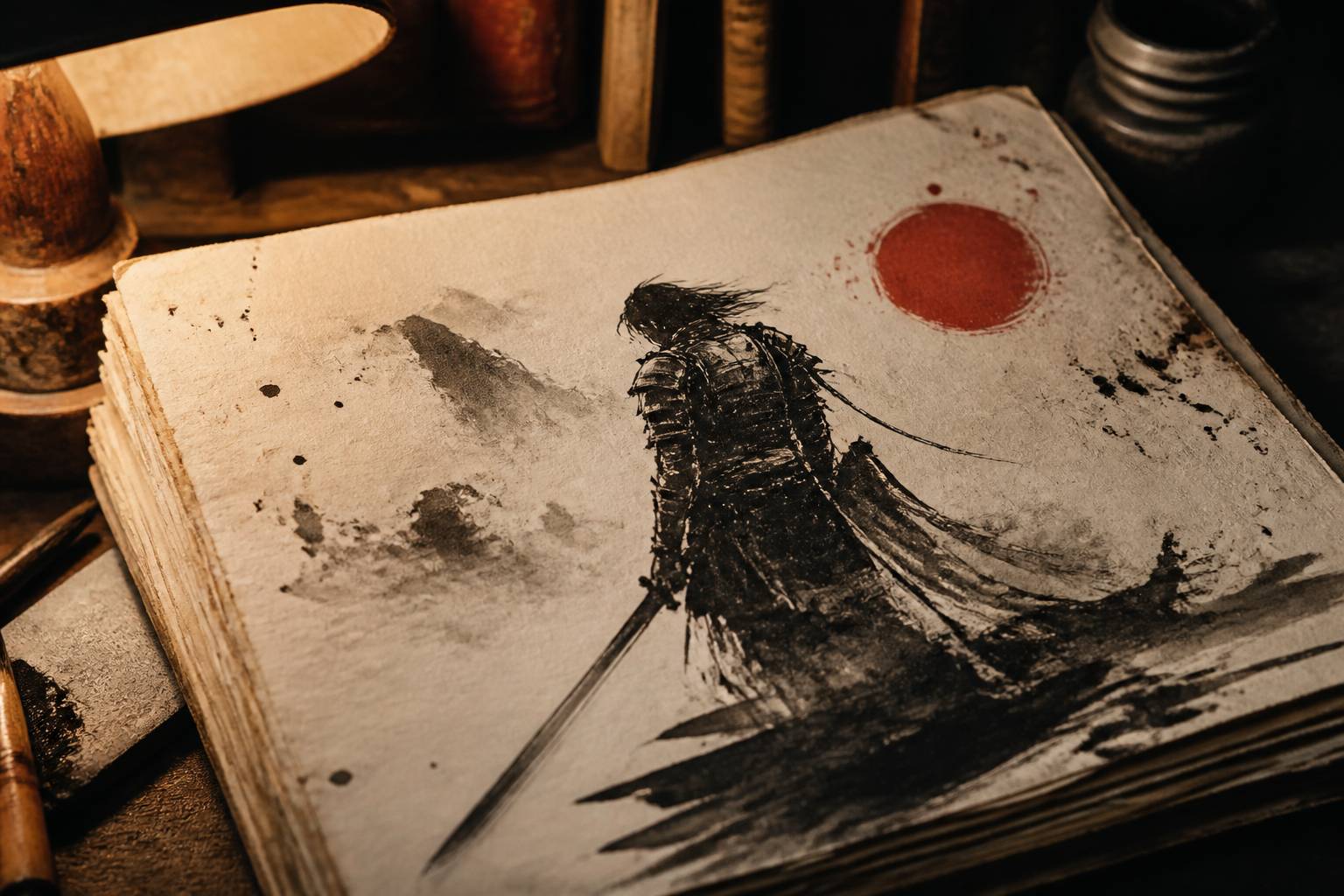 Pages manuscrites avec un guerrier immortel esquissé à la plume
