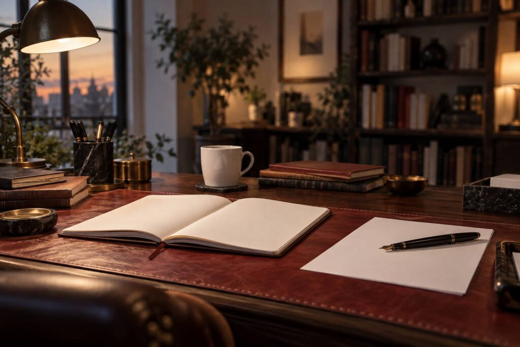 Bureau d'etude avec carnets ouverts et stylo plume sous une lampe chaude