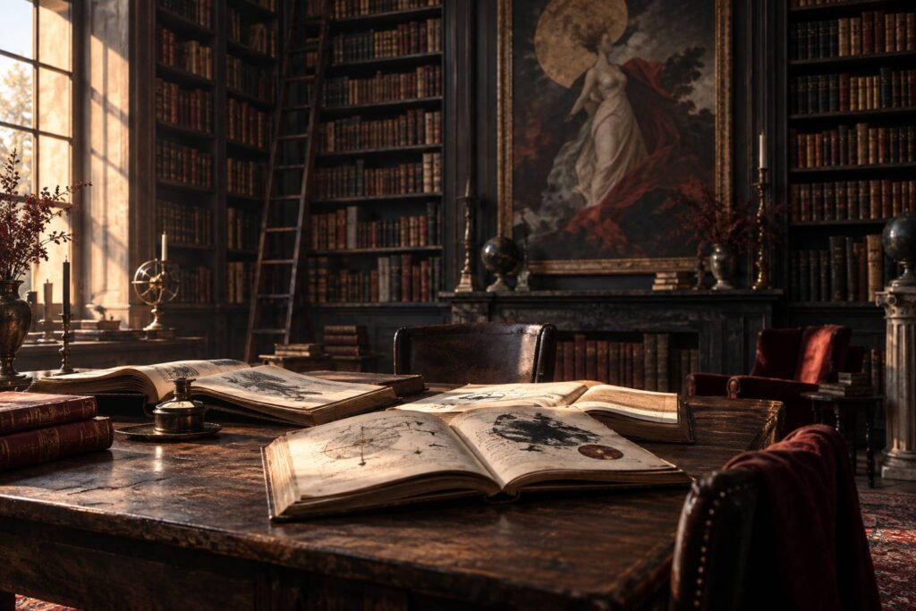Bibliothèque ancienne avec livres ouverts et tableau allégorique encadré