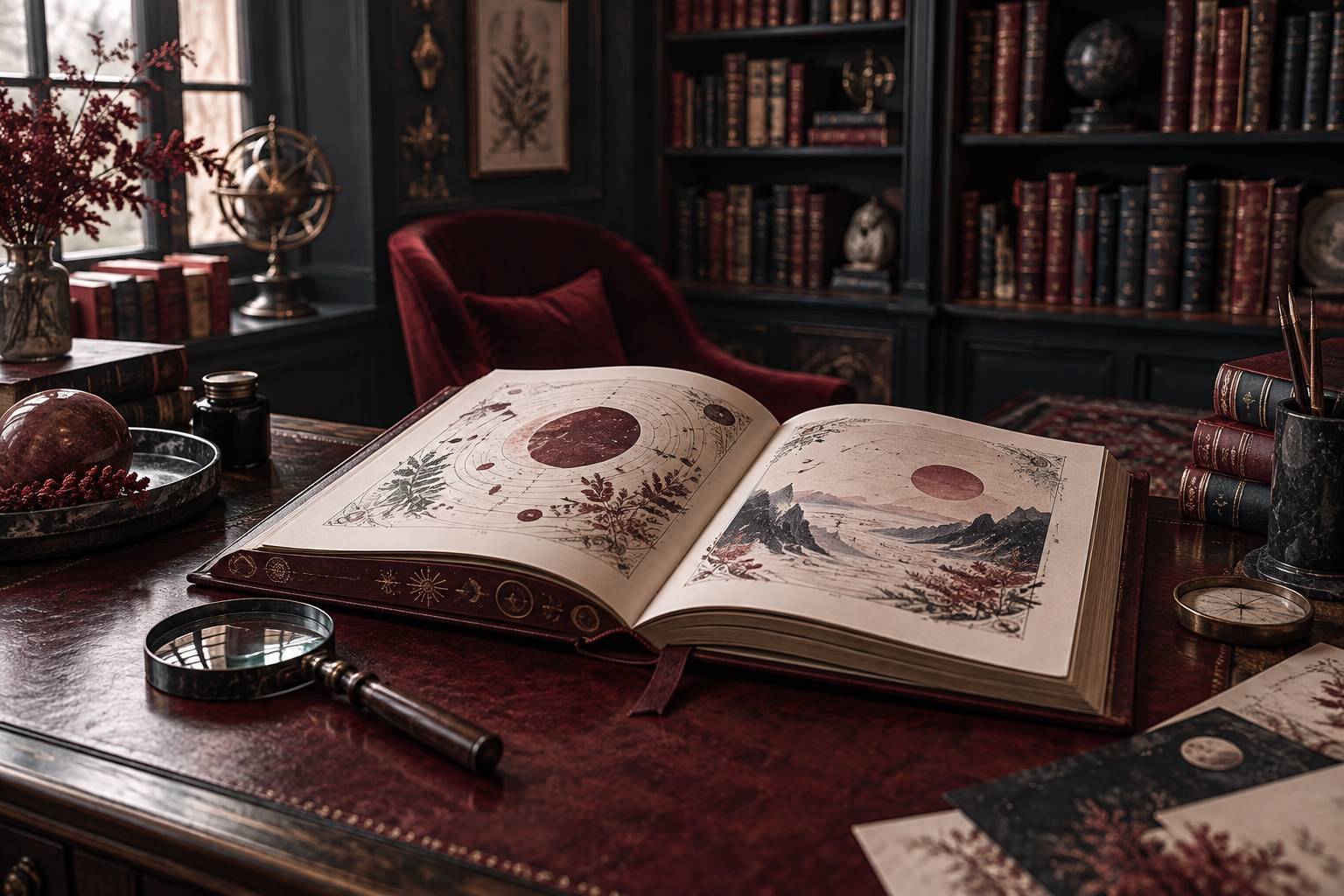 Bibliothèque ancienne avec livres ouverts et tableau allégorique encadré