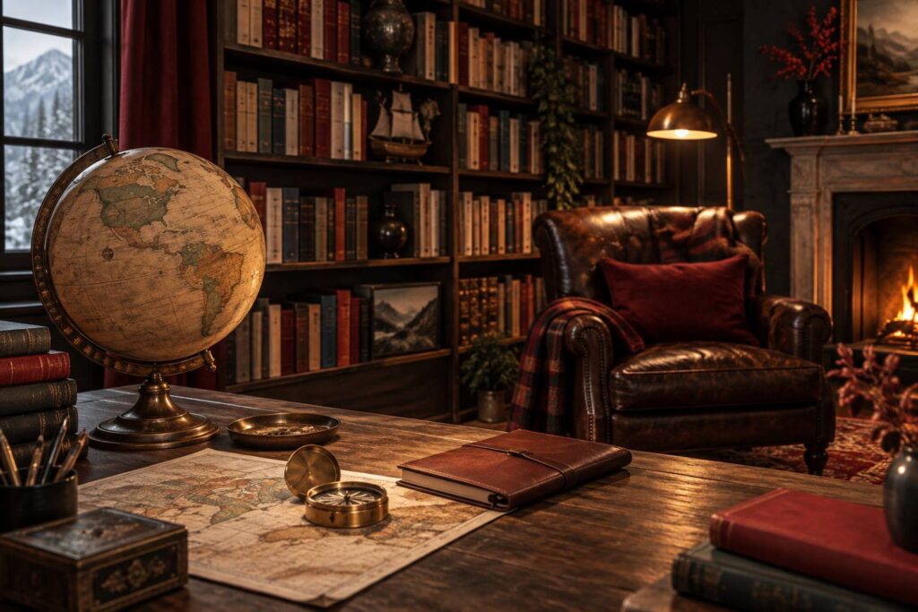 Bibliothèque de romans d'aventure avec globe et boussole