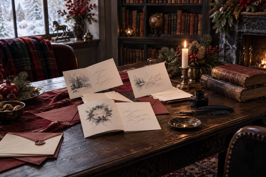 Vue large d'une table de Noël stylée : cartes de vœux manuscrites ouvertes, plume d'écriture et encrier, livre