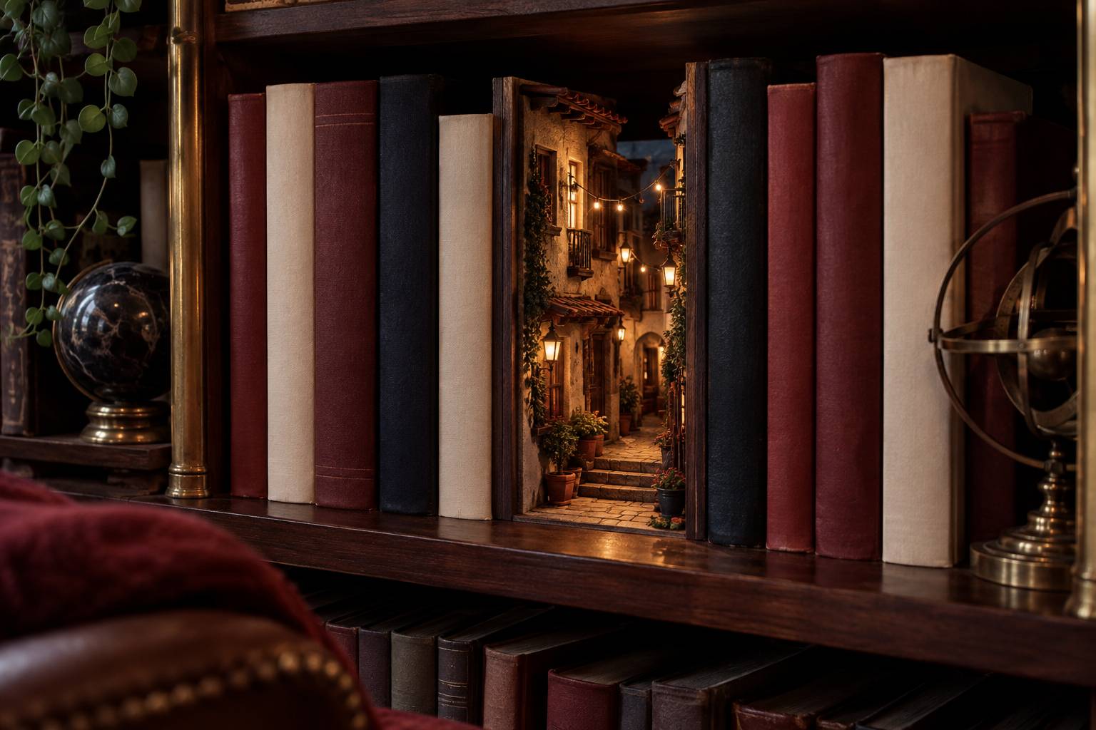 Diorama miniature d'une ruelle eclairee loge entre des livres