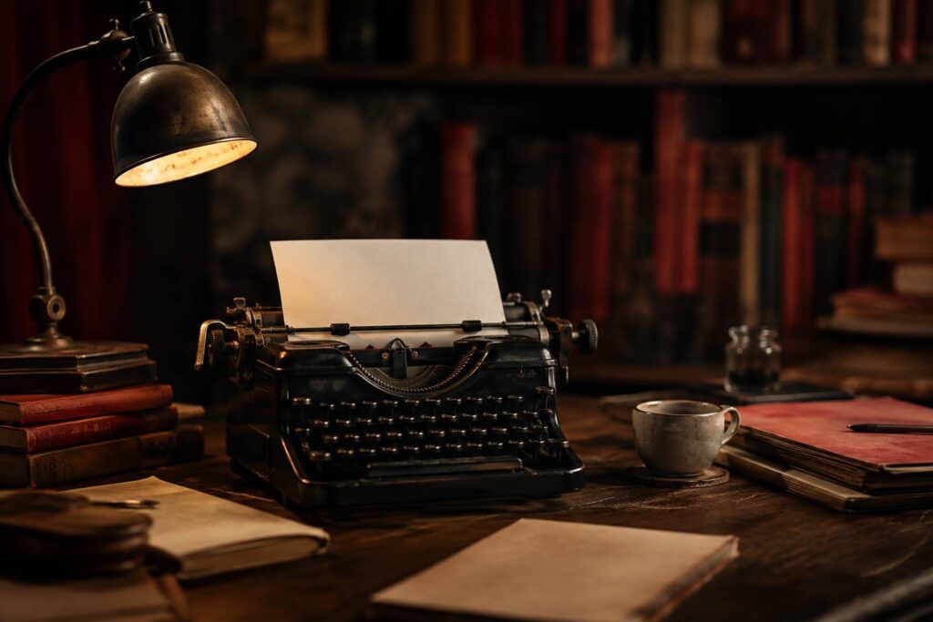 Machine à écrire ancienne et livres sur un bureau de lettrée