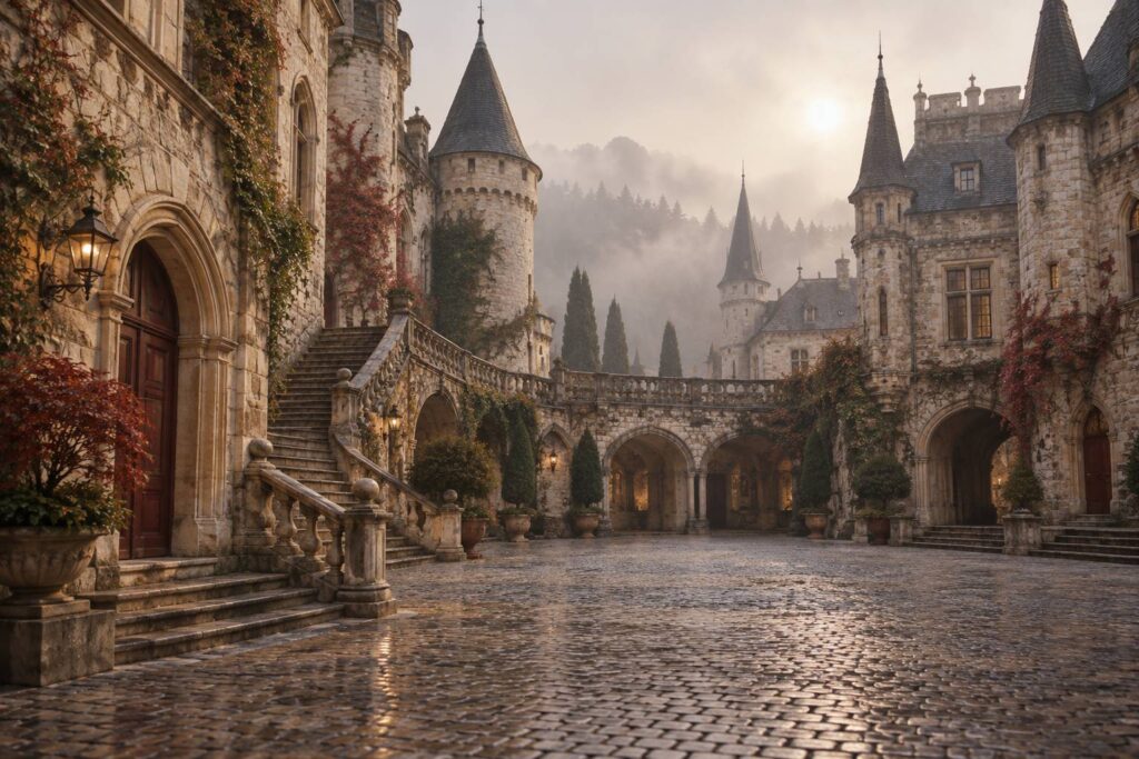 Château de pierre ancien aux tours pointues dans une brume matinale