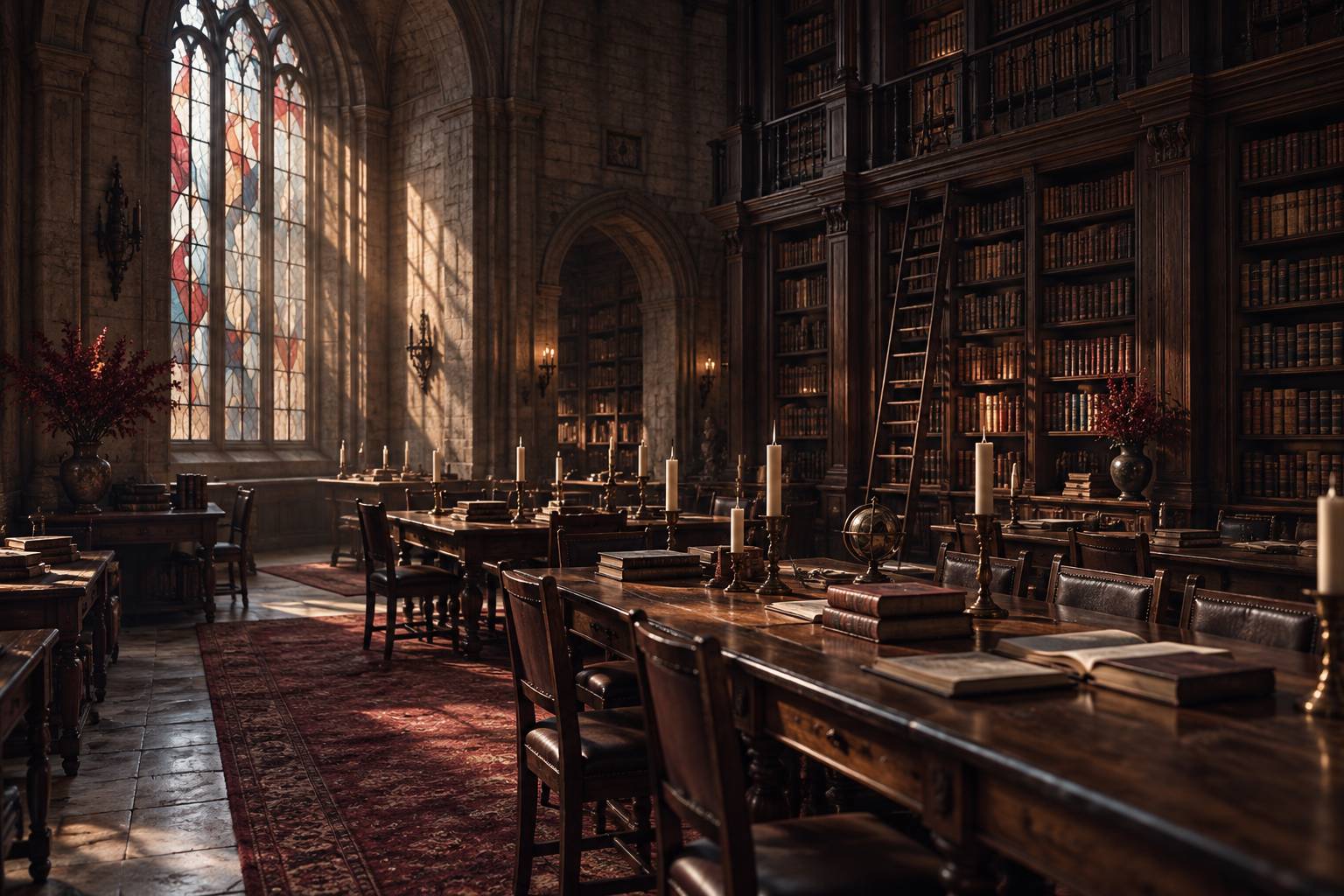 Salle d'étude ancienne en bois patiné avec hautes bibliothèques