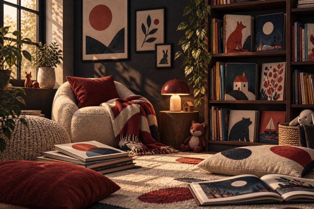 Coin lecture pour enfants avec pile de livres illustrés colorés