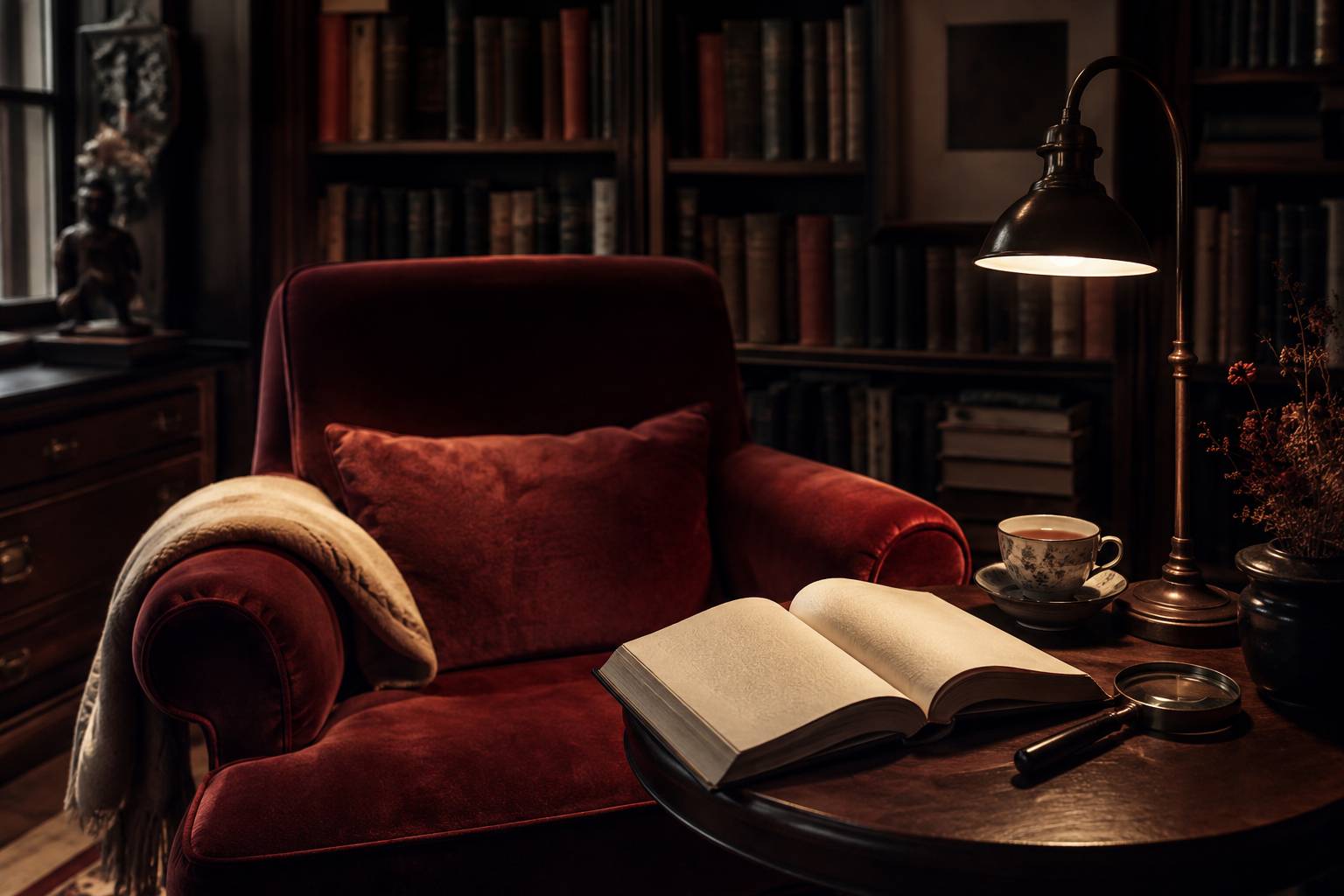 Fauteuil de bibliothèque avec livre ouvert et lampe chaude
