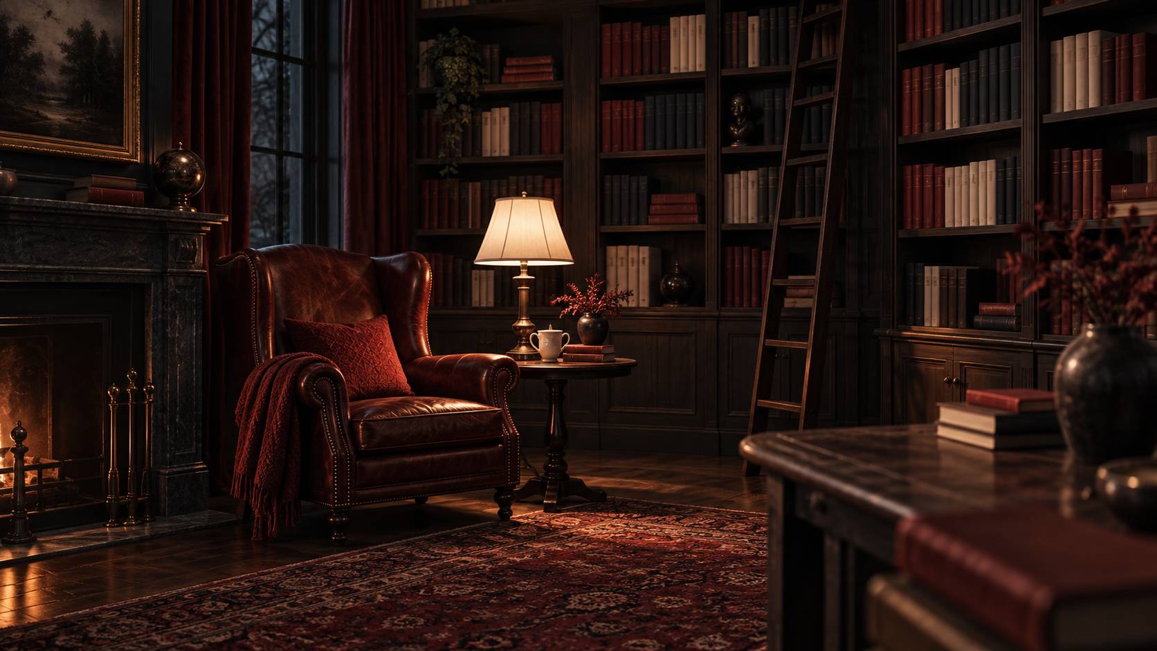 Bibliothèque sombre avec rayonnages de livres aux dos unis et fauteuil de lecture