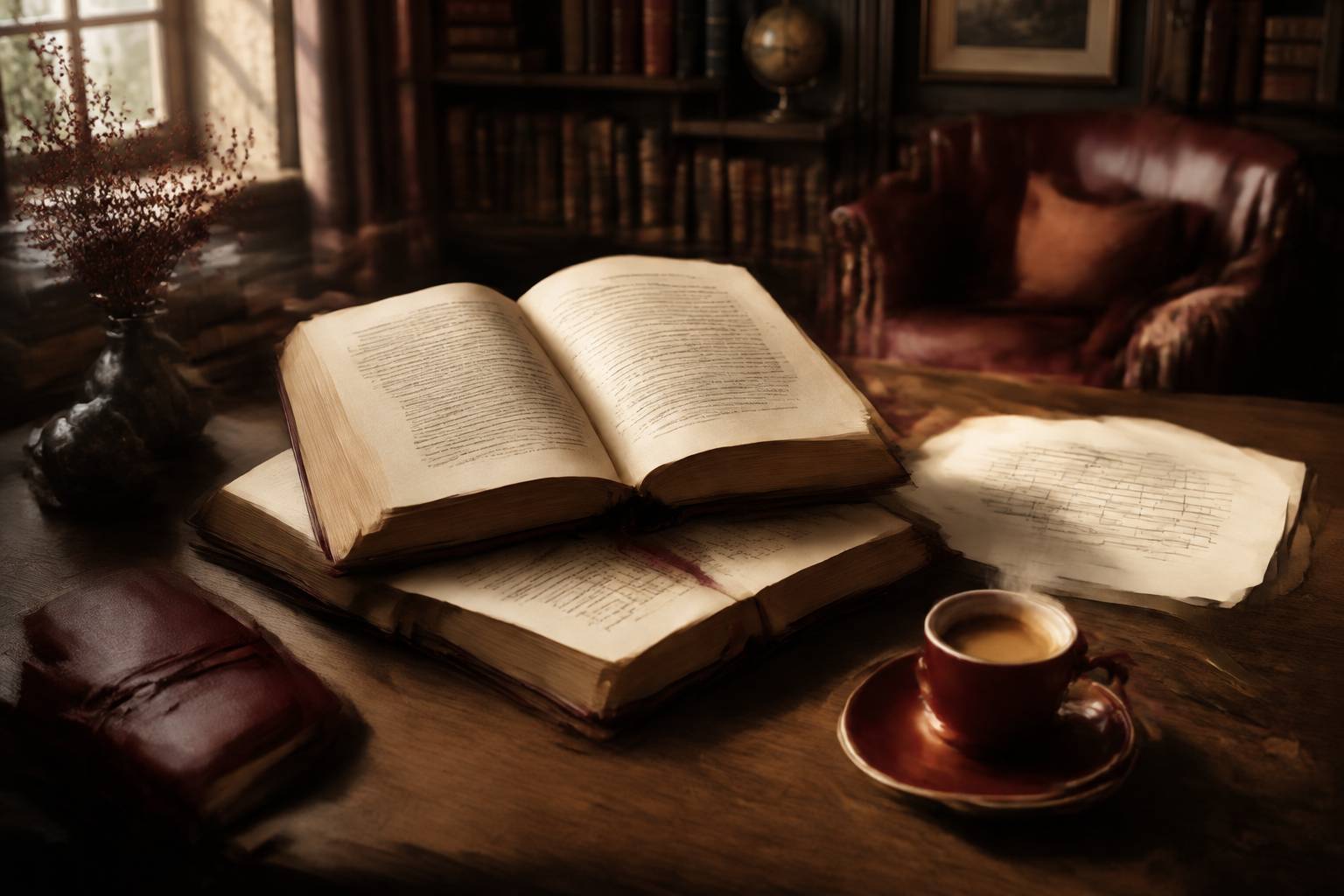 Table studieuse avec livres de grammaire ouverts, feuilles et espresso