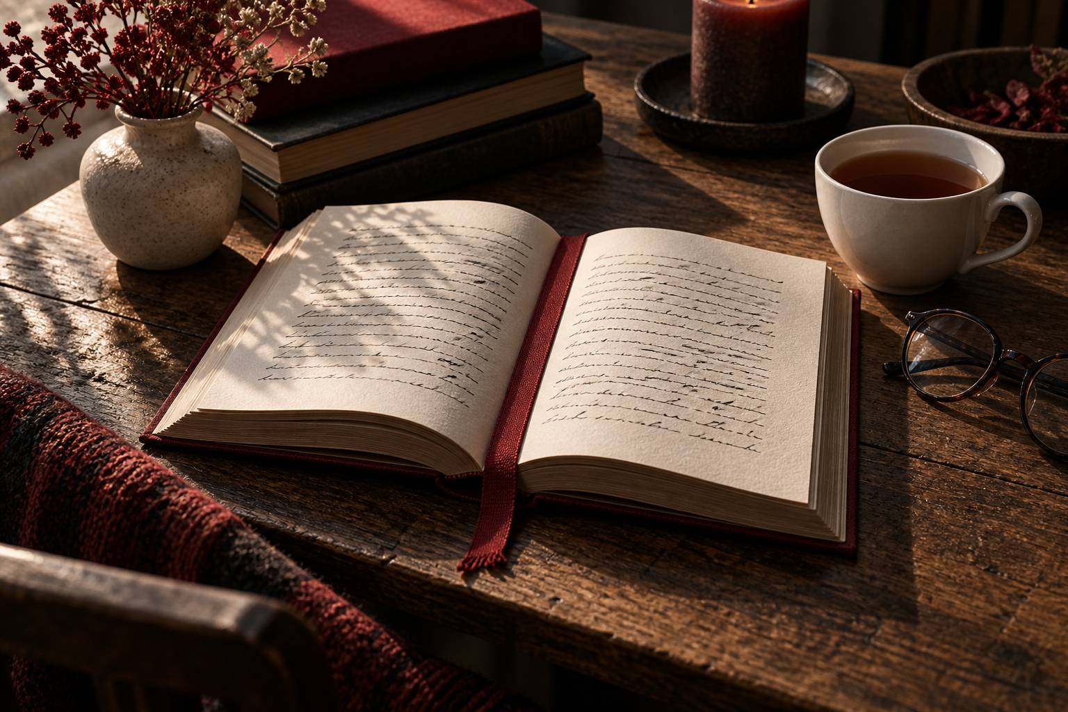 Détail d'un livre ouvert avec marque-page et tasse de thé sur une table