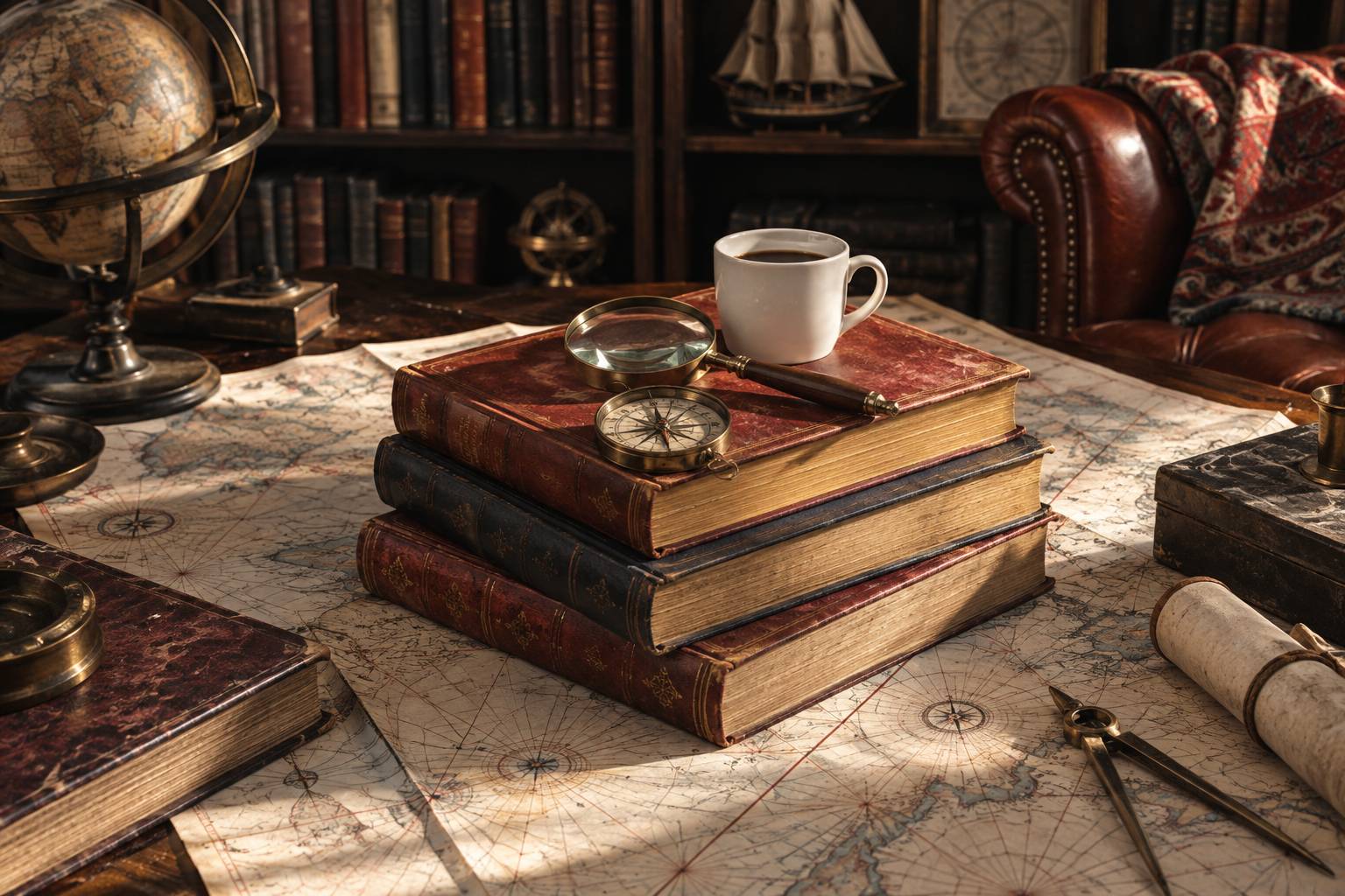 Livres d'aventure et carte marine ancienne sur une table