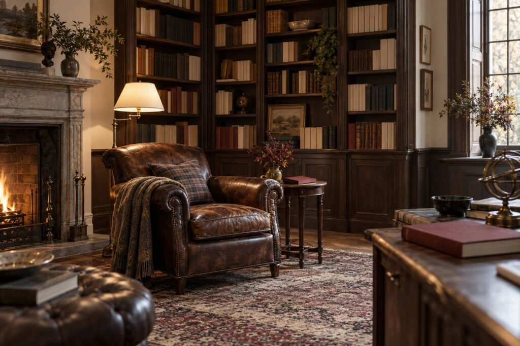 Ouvrages relies alignes dans un coin de bibliotheque chaleureux